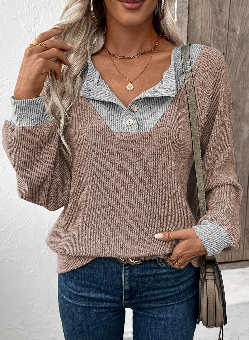 EVALESS Womens Long Sleeve Shirts Spring Fashion 2026 Patchwork Button Up V Neck Plus Size Sweatshirt Casual Trendy Pullover Teacher Outfits Tops Tawny XX-Large - Image 3