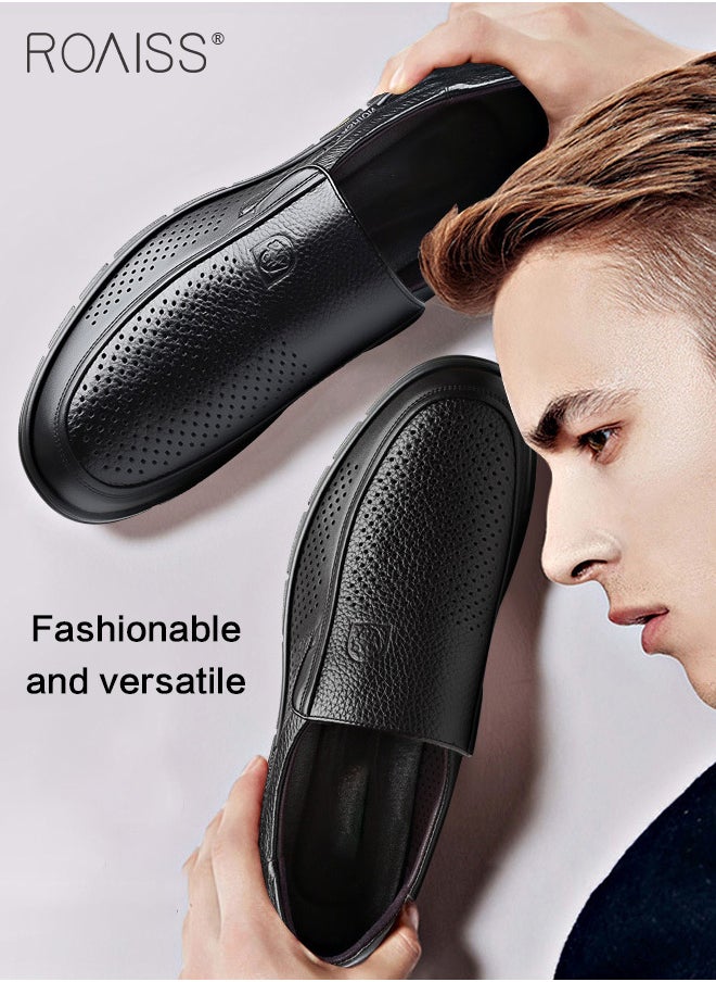 roaiss - Business Breathable Hollow Leather Shoes for Men, Round Toe Leather Shoes with Anti-slip Sole and Hollow-carved Design, Mens Stylish Shoes, Suitable for Daily Wear, Wedding, Party, Office, Business and Other Occasions - Image 1