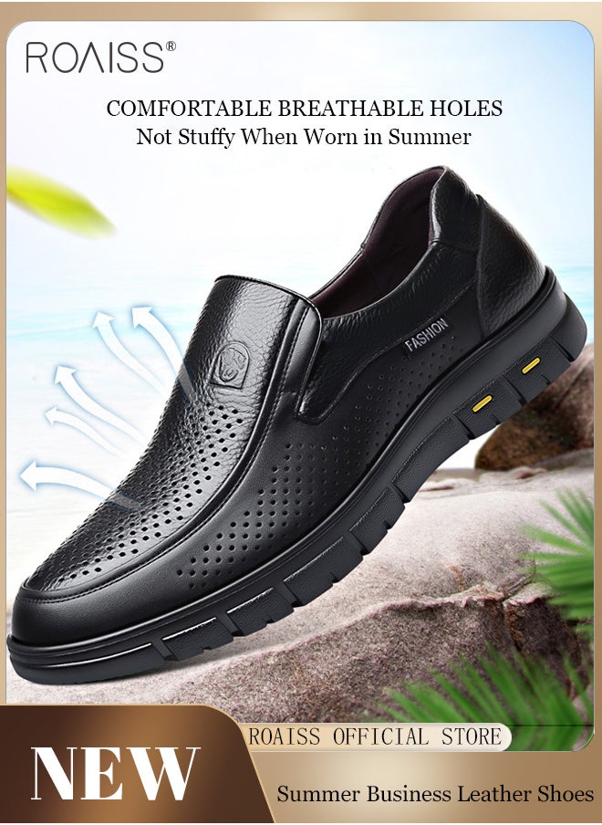 roaiss - Business Breathable Hollow Leather Shoes for Men, Round Toe Leather Shoes with Anti-slip Sole and Hollow-carved Design, Mens Stylish Shoes, Suitable for Daily Wear, Wedding, Party, Office, Business and Other Occasions - Image 1