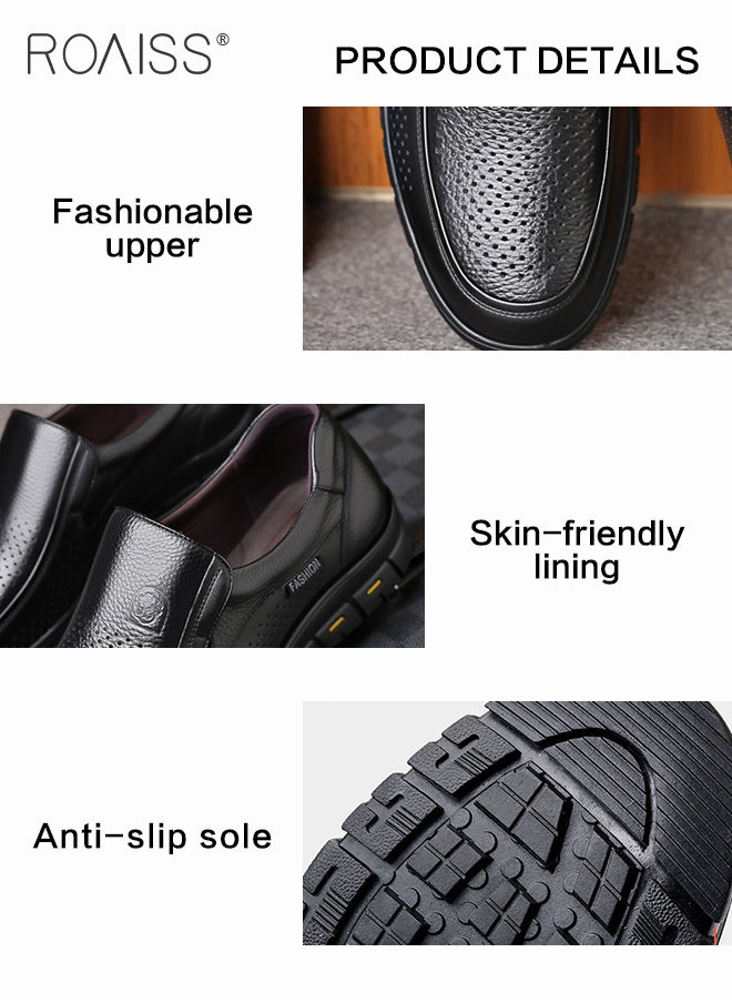 roaiss - Business Breathable Hollow Leather Shoes for Men, Round Toe Leather Shoes with Anti-slip Sole and Hollow-carved Design, Mens Stylish Shoes, Suitable for Daily Wear, Wedding, Party, Office, Business and Other Occasions - Image 1