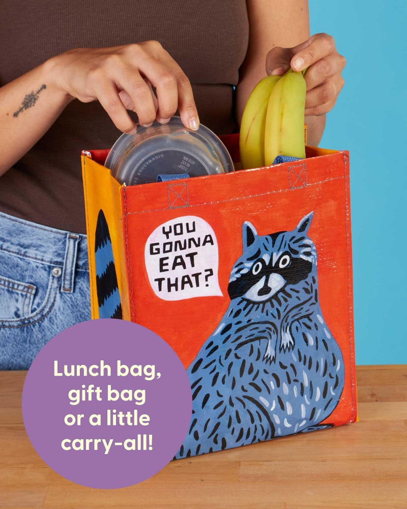 Blue Q Handy Tote Bag - You Gonna Eat That - Recycled & Reusable Sturdy Canvas Shopping Bag with Quirky Art and Handles, 95% Recycled Material Ideal for Lunch, Gift, Groceries 10" h x 8.5" w x 4.5" d - Image 5