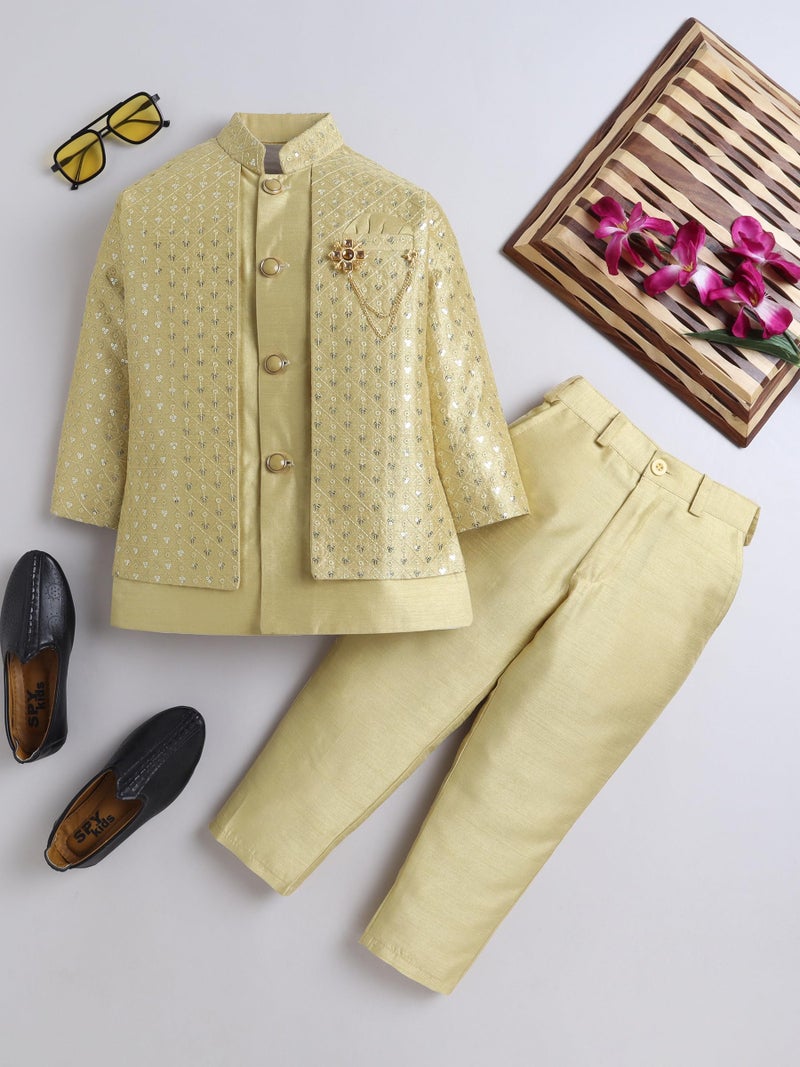 AHHAAAA Boy's Ethnic Cotton Silk Blend Nehru Modi Jacket Kurta & Pyjama Set for Boys|Sequin Embellished Ethnic Set|Ideal for any Festivals/Weddings Occasion|Green, 2-3 Years| - Image 2