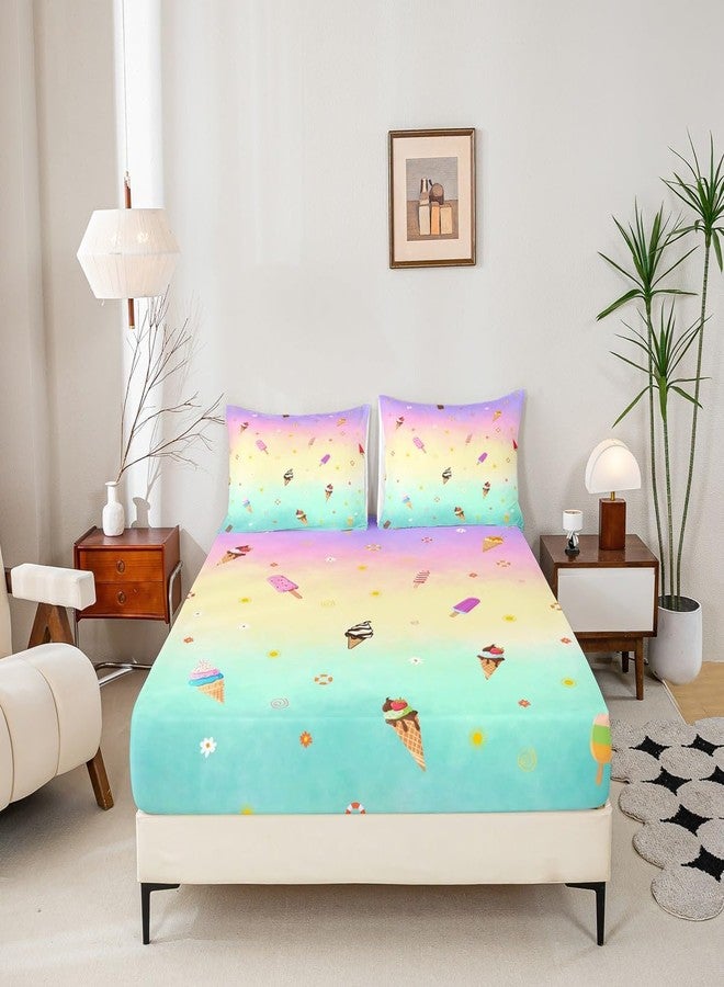 Homewish Ice Cream Fitted Sheet Twin Size,Cone Donut Bedding Set 2pcs for Kids Teens Girls Boys Room Decor,Delicious Food Bed Cover Watercolor Bed Sheet Set with 1 Pillowcase - Image 4