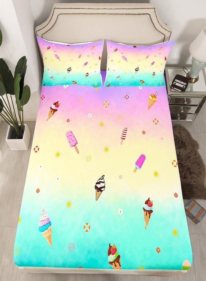 Homewish Ice Cream Fitted Sheet Twin Size,Cone Donut Bedding Set 2pcs for Kids Teens Girls Boys Room Decor,Delicious Food Bed Cover Watercolor Bed Sheet Set with 1 Pillowcase - Image 5