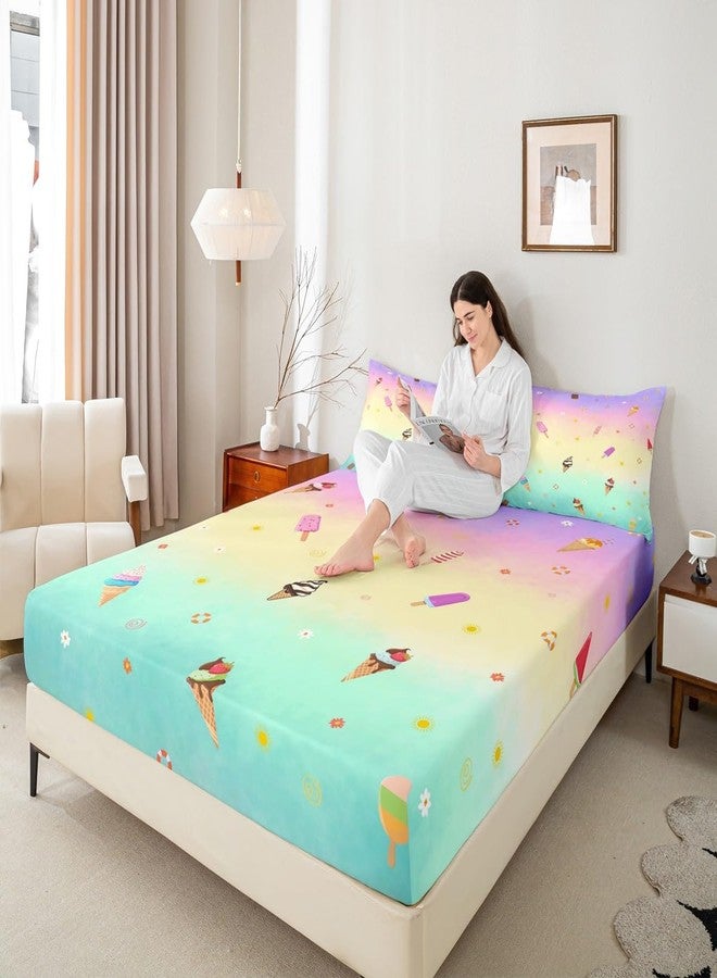 Homewish Ice Cream Fitted Sheet Twin Size,Cone Donut Bedding Set 2pcs for Kids Teens Girls Boys Room Decor,Delicious Food Bed Cover Watercolor Bed Sheet Set with 1 Pillowcase - Image 2