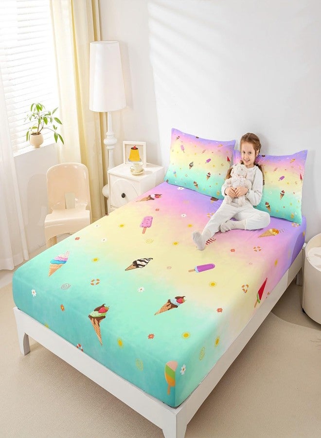 Homewish Ice Cream Fitted Sheet Twin Size,Cone Donut Bedding Set 2pcs for Kids Teens Girls Boys Room Decor,Delicious Food Bed Cover Watercolor Bed Sheet Set with 1 Pillowcase - Image 3
