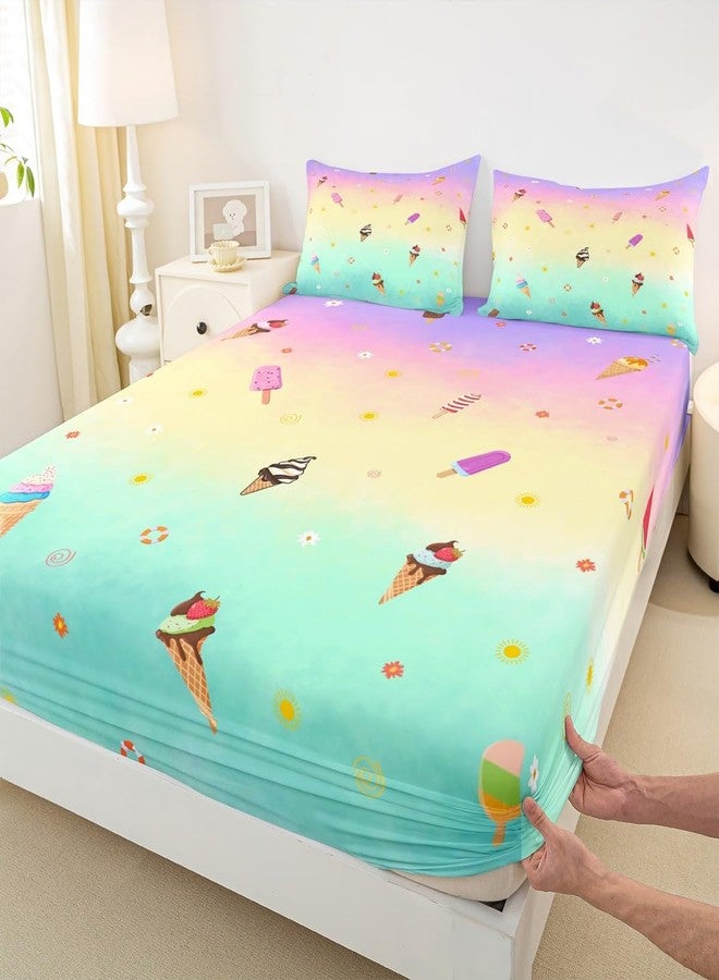 Homewish Ice Cream Fitted Sheet Twin Size,Cone Donut Bedding Set 2pcs for Kids Teens Girls Boys Room Decor,Delicious Food Bed Cover Watercolor Bed Sheet Set with 1 Pillowcase - Image 1