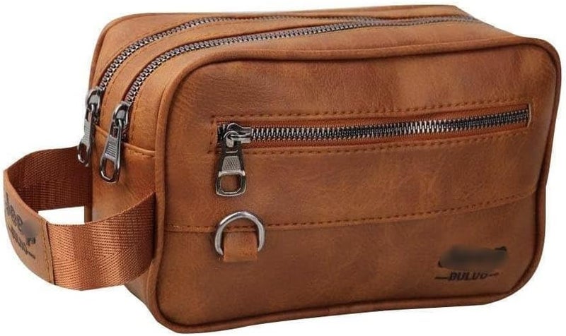 Men's leather handbag with two zippers and a front zippered pocket - Havana