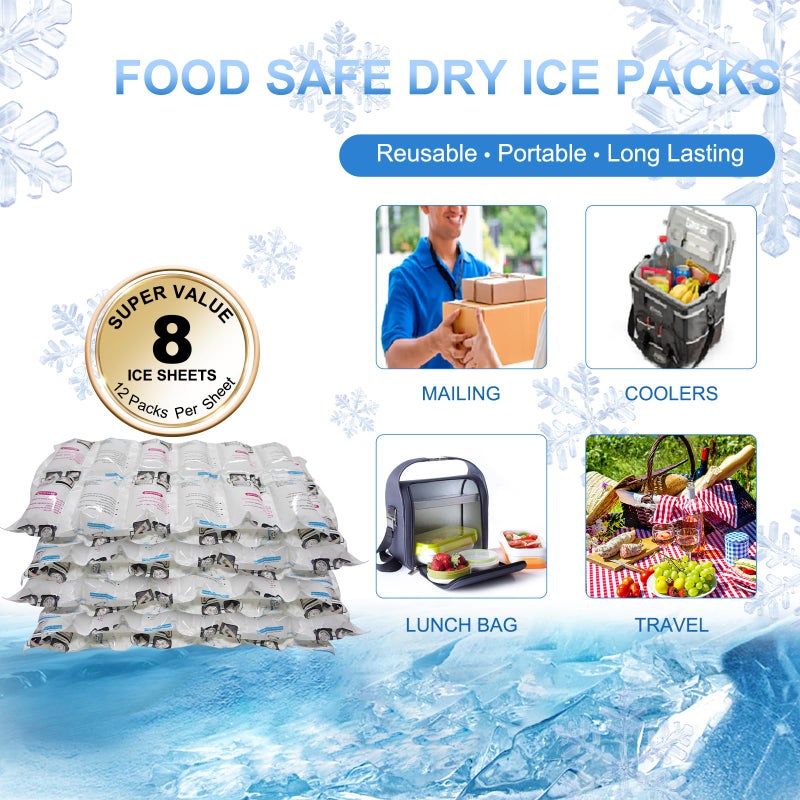 RAINBOW Dry Ice Packs for Shipping Long Lasting (8 Sheets, 12 Packs/Sheet), Reusable Lightweight Food Ice Pack Sheets for Lunch Boxes or Coolers, Shipping Frozen Food, 7" X 13" â€“ Cut to Any Size - Image 2
