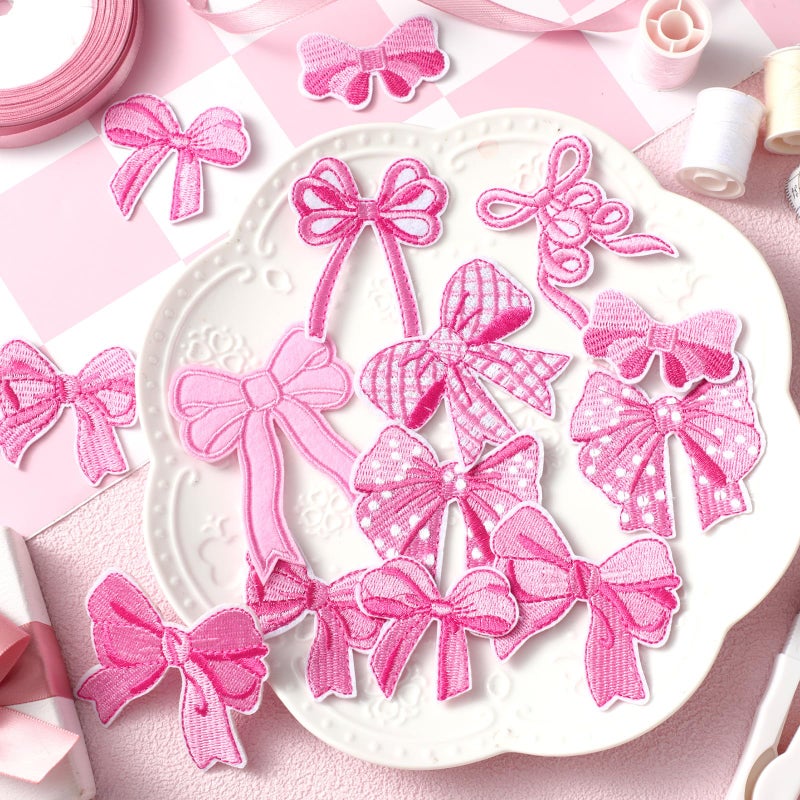 Glitinsel 48 Pcs Pink Bow Iron on Patches Cute Buffalo Plaid Polka Dot Ribbon Bowknot Sew on Repair Embroidered Applique Coquette Bow Girly Aesthetic DIY Crafts Gift for Women Clothing Backpack Hat - Image 3