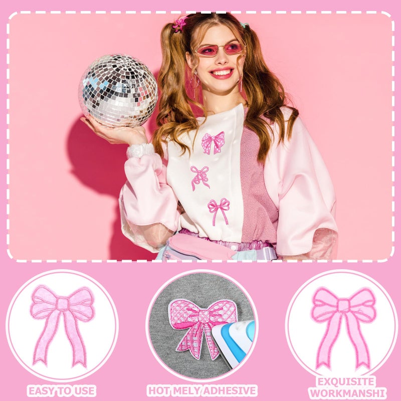 Glitinsel 48 Pcs Pink Bow Iron on Patches Cute Buffalo Plaid Polka Dot Ribbon Bowknot Sew on Repair Embroidered Applique Coquette Bow Girly Aesthetic DIY Crafts Gift for Women Clothing Backpack Hat - Image 4