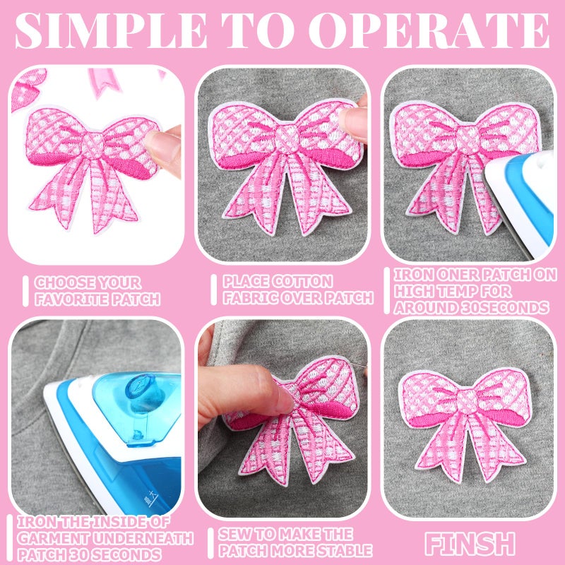 Glitinsel 48 Pcs Pink Bow Iron on Patches Cute Buffalo Plaid Polka Dot Ribbon Bowknot Sew on Repair Embroidered Applique Coquette Bow Girly Aesthetic DIY Crafts Gift for Women Clothing Backpack Hat - Image 5