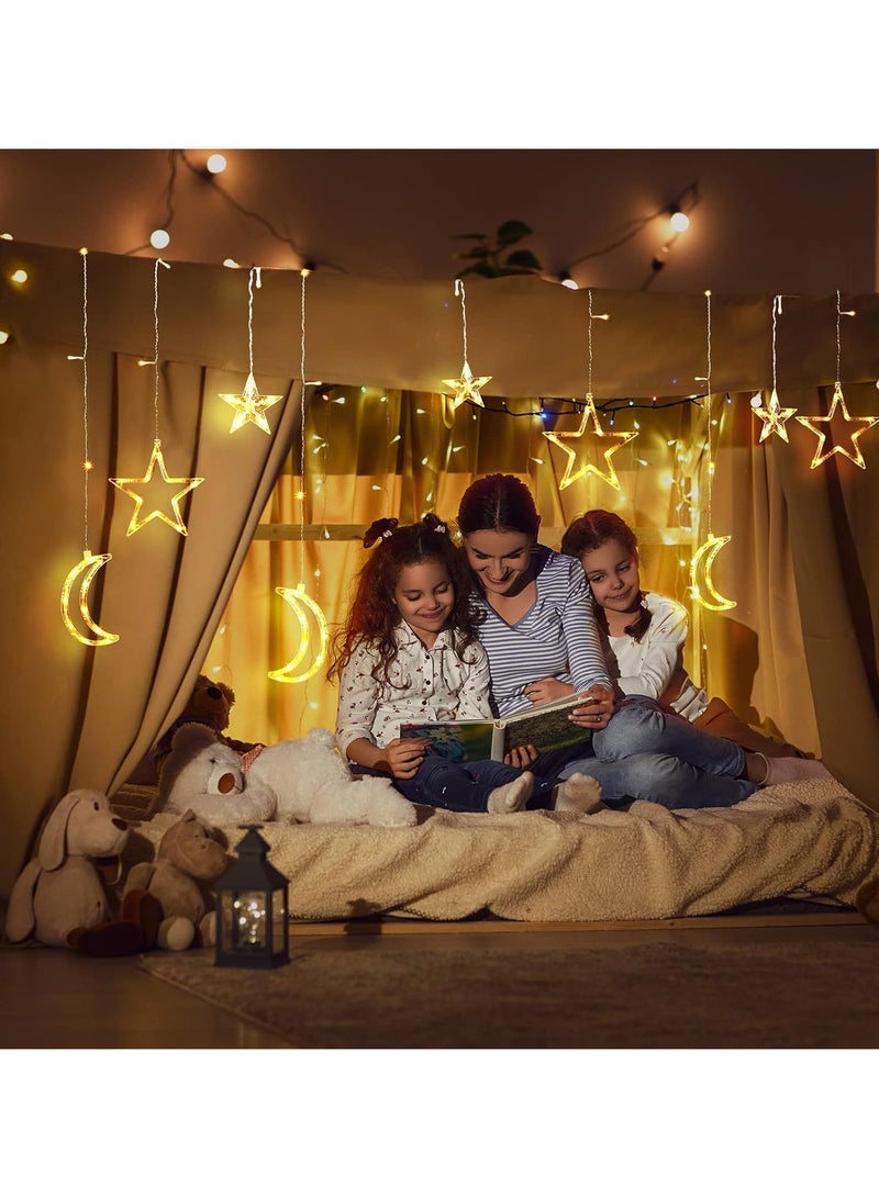 معرض الأعياد 3.5 متر ديكورات رمضان للمنزل ستار القمر الشمسية المرصعة بالنجوم أضواء رمضان، مقاومة للماء في الهواء الطلق 8 أوضاع أضواء رمضان للحديقة والفناء وديكور رمضان (أبيض دافئ) - Image 4