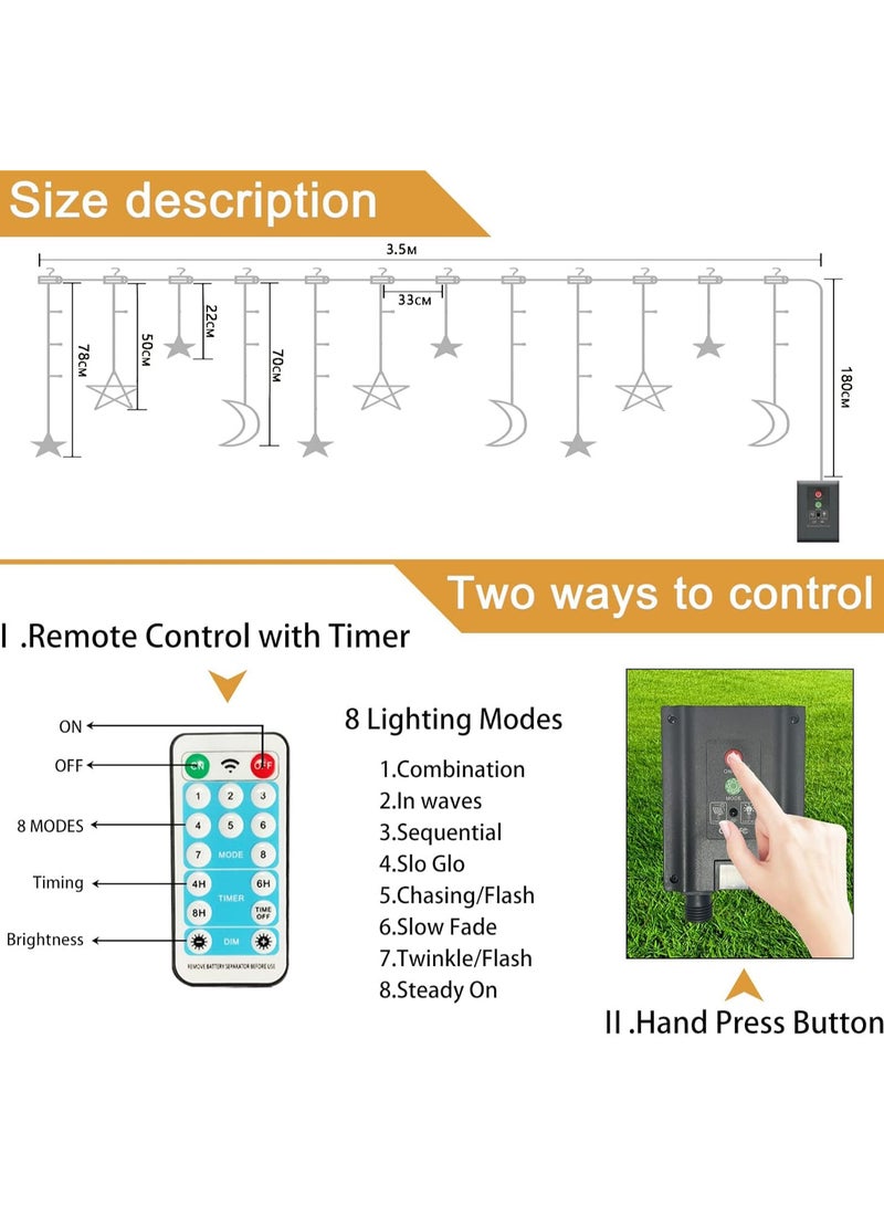 معرض الأعياد 3.5 متر ديكورات رمضان للمنزل ستار القمر الشمسية المرصعة بالنجوم أضواء رمضان، مقاومة للماء في الهواء الطلق 8 أوضاع أضواء رمضان للحديقة والفناء وديكور رمضان (أبيض دافئ) - Image 2