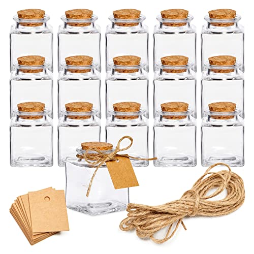 Blue Panda 15 Pack Small Glass Bottles with Cork Stoppers 17 oz 50ml Mini Jars with Twine and Blank Tags for Gift Favors Spices Crafts