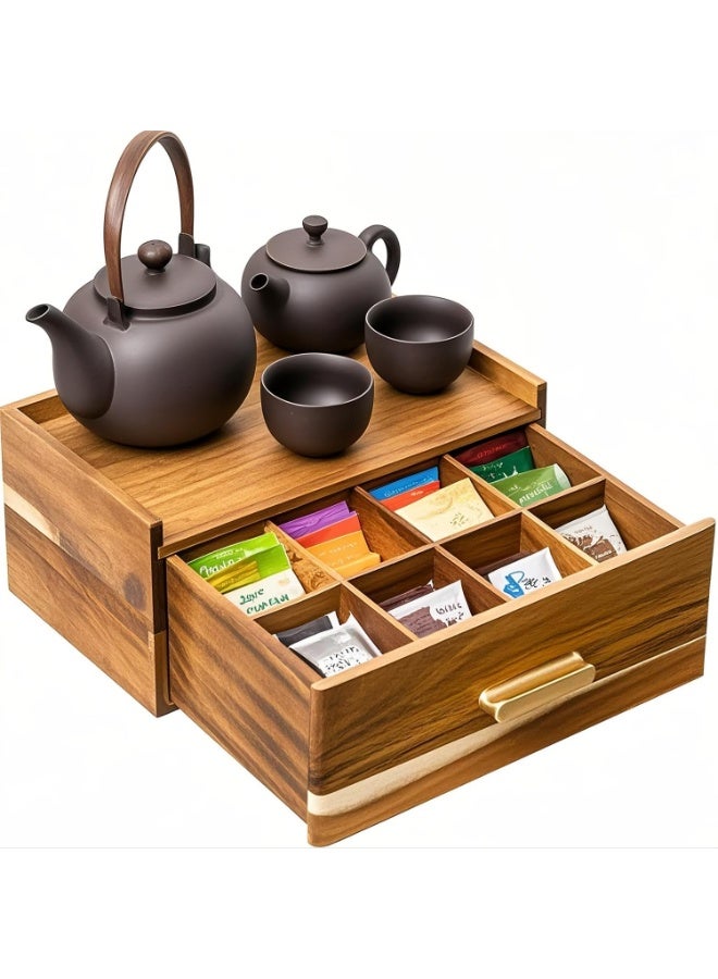 WALALLA 2-Tier Wood Tea Bag Organizer Box with Drawer , 8-Compartment Tea Caddy Storage Holder for Tea Bags, Sugar Packets and Coffee Accessories, Countertop Tea Station Chest for Kitchen and Office - Image 1