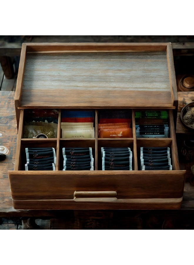 WALALLA 2-Tier Wood Tea Bag Organizer Box with Drawer , 8-Compartment Tea Caddy Storage Holder for Tea Bags, Sugar Packets and Coffee Accessories, Countertop Tea Station Chest for Kitchen and Office - Image 5