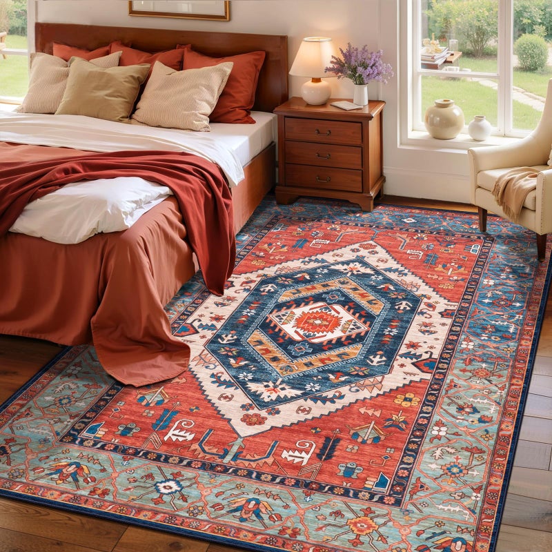 SERISSA Bedroom Rug 4x6 Rust Boho Rug, Vintage Washable Area Rugs Non Slip, Ultra Soft Print Distressed Tribal Entry Rug Low-Pile Throw Carpet for Nursery Dorm Kitchen Living Room Decor - Image 1