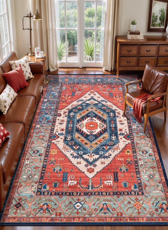 SERISSA Bedroom Rug 4x6 Rust Boho Rug, Vintage Washable Area Rugs Non Slip, Ultra Soft Print Distressed Tribal Entry Rug Low-Pile Throw Carpet for Nursery Dorm Kitchen Living Room Decor - Image 2