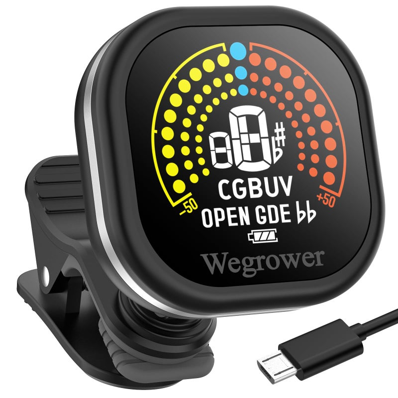 Wegrower Guitar Tuner Rechargeable, Clip On Tuner with LCD Color Display with Guitar, Ukulele, Violin and Chromatic Tuning Modes, Tuners for Musical Instruments - Image 1