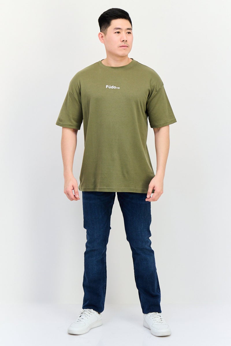 Fudo Men Crew Neck Short Sleeves Brand Logo T-Shirt, Olive - Image 2