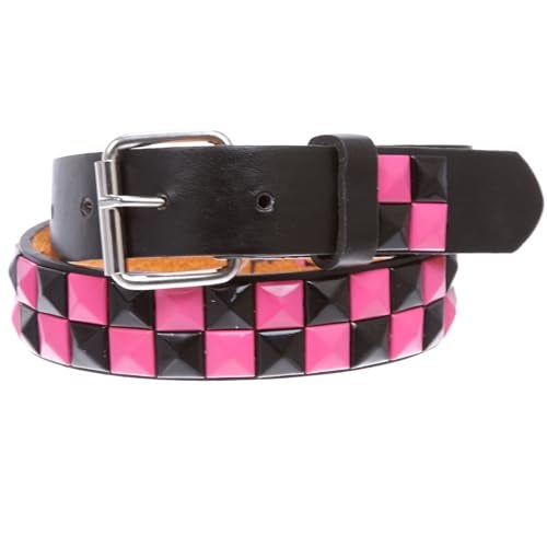 Beltiscool Kids 1" Snap On Black & Fuchsia Checkerboard Punk Rock Studded Leather Belt, 24" - Image 3
