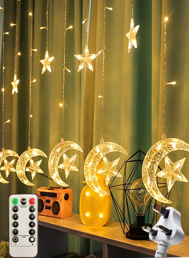 بابونا أضواء LED على شكل نجمة وقمر لرمضان - ستارة وأضواء سلسلة بيضاء دافئة بطول 3.5 متر، زينة رمضانية وعيدية للمنزل وغرفة النوم والنوافذ، وحفلات الزفاف وأعياد الميلاد، 8 أوضاع إضاءة، قابس ثلاثي الأطراف بريطاني وجهاز تحكم عن بعد - Image 1