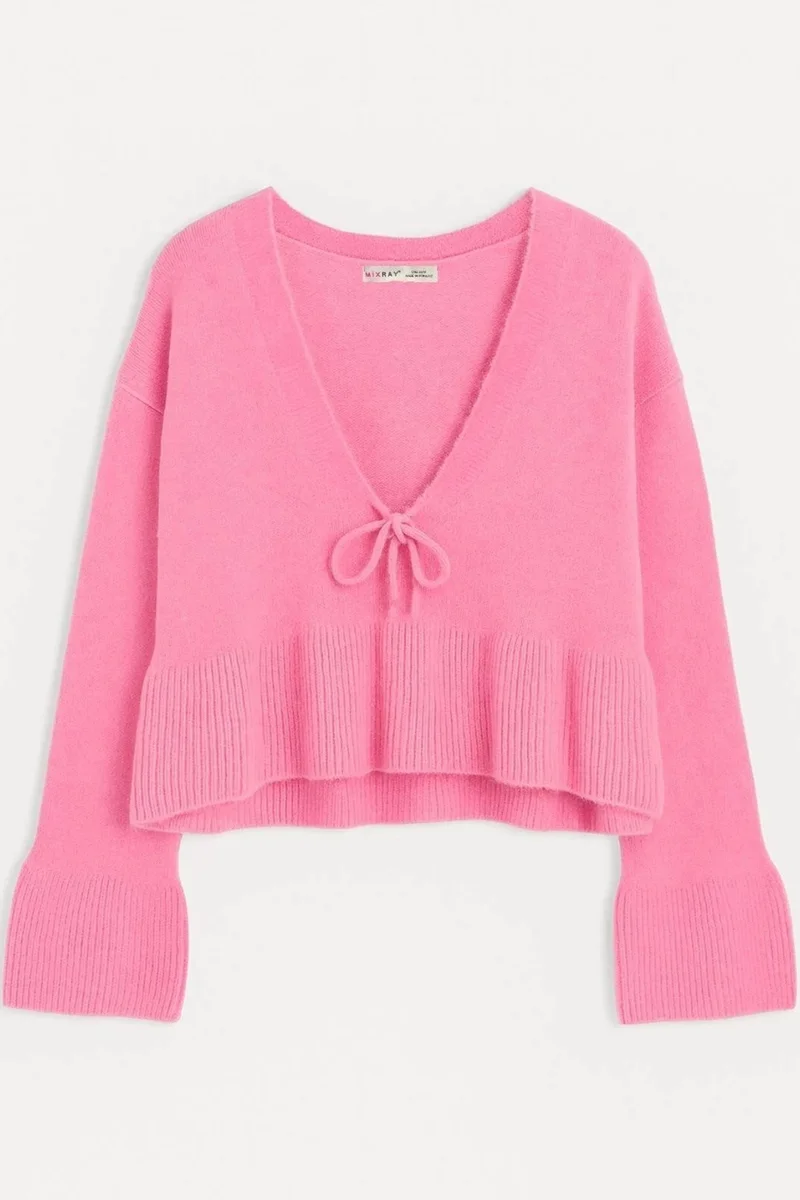 Mixray Mixray Tie Detailed Ruffled V-Neck Knit Sweater