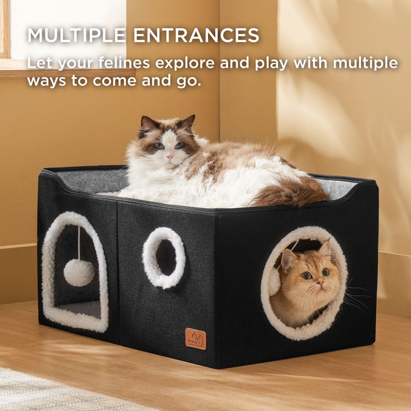 Bedsure Large Cat Beds for Indoor Cats - Extra Wide Cat Cube House for Small Pet with Fluffy Ball Hanging and Scratch Pad, Foldable Pet Cave Hideaway for Multiple Cats, 23.6x16.9x13 inches, Black - Image 2
