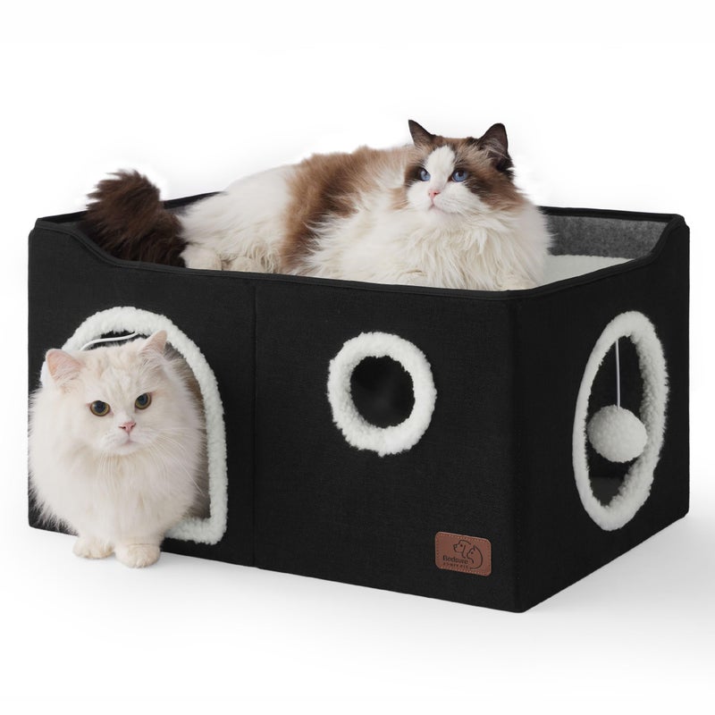 Bedsure Large Cat Beds for Indoor Cats - Extra Wide Cat Cube House for Small Pet with Fluffy Ball Hanging and Scratch Pad, Foldable Pet Cave Hideaway for Multiple Cats, 23.6x16.9x13 inches, Black - Image 1