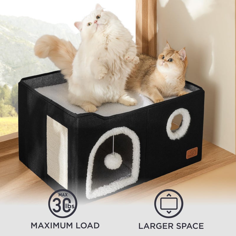 Bedsure Large Cat Beds for Indoor Cats - Extra Wide Cat Cube House for Small Pet with Fluffy Ball Hanging and Scratch Pad, Foldable Pet Cave Hideaway for Multiple Cats, 23.6x16.9x13 inches, Black - Image 4
