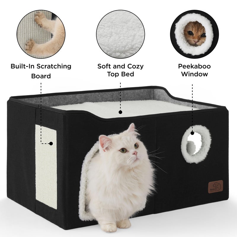 Bedsure Large Cat Beds for Indoor Cats - Extra Wide Cat Cube House for Small Pet with Fluffy Ball Hanging and Scratch Pad, Foldable Pet Cave Hideaway for Multiple Cats, 23.6x16.9x13 inches, Black - Image 5