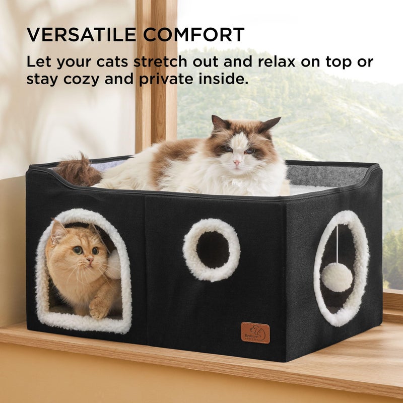 Bedsure Large Cat Beds for Indoor Cats - Extra Wide Cat Cube House for Small Pet with Fluffy Ball Hanging and Scratch Pad, Foldable Pet Cave Hideaway for Multiple Cats, 23.6x16.9x13 inches, Black - Image 3