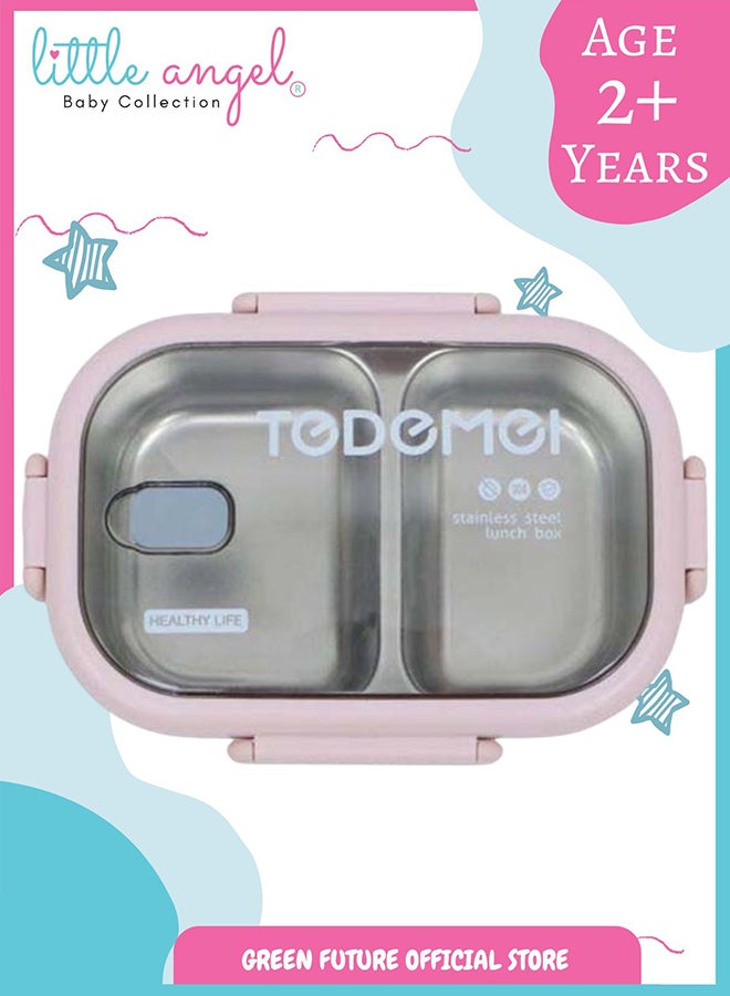 Little Angel Premium Stainless Steel Lunch Box - 2 Compartments With Cutlery, Leak-Proof, Insulated, BPA-Free, Microwave Safe, Eco-Friendly, Pink, 2 Years + - Image 1