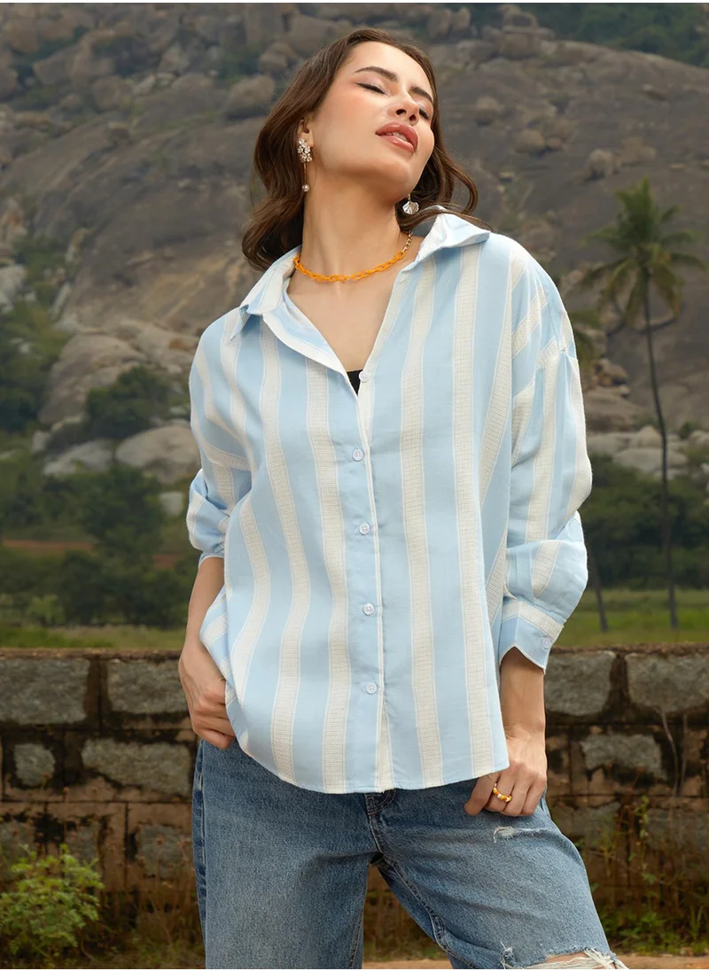 Campus Sutra Women's Baby Blue Unbalanced Striped Oversized Shirt