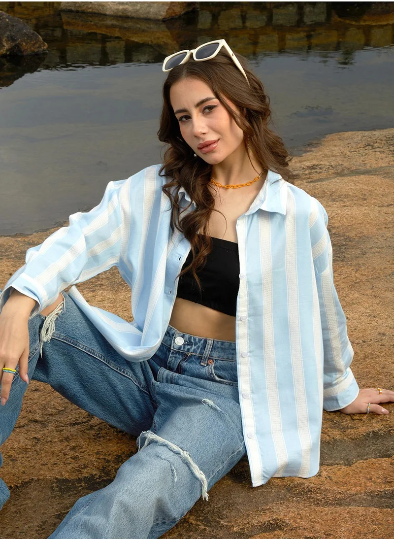 Campus Sutra Women's Baby Blue Unbalanced Striped Oversized Shirt