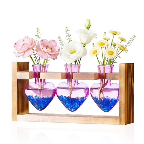 Nacome Plant Terrarium Propagation Stations: Mothers Day Gifts for Mom Plant Lovers Women Wife Daughter - 3 Bulb Glass Vase with Wooden Stand Tabletop for Hydroponics Home Garden Decor(Purple) - Image 1