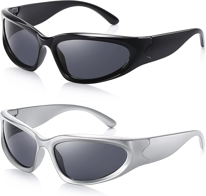 Dark Wost Wrap Around Y2K Sports Sunglasses for Men Women Fashion Oval Thick Frame Sun Glasses Stylish Sport Wrap Shades (2 Pack Sil/Gry + Blk/Gry) - Image 1