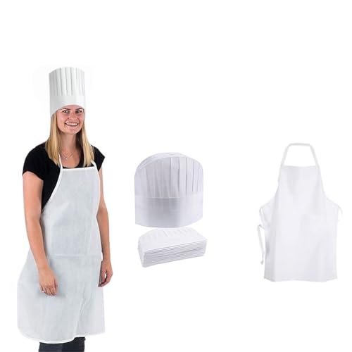 Leios Disposable Kitchen apron and Chef Cap White combo set for Men and Women. Ready to use kit for Restaurant Banquet Catering and Cooking Classe. Combo Kitchen Apron 10 Pcs + chef Cap 10 pcs. - Image 1