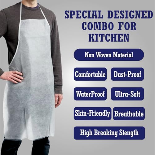 Leios Disposable Kitchen apron and Chef Cap White combo set for Men and Women. Ready to use kit for Restaurant Banquet Catering and Cooking Classe. Combo Kitchen Apron 10 Pcs + chef Cap 10 pcs. - Image 2