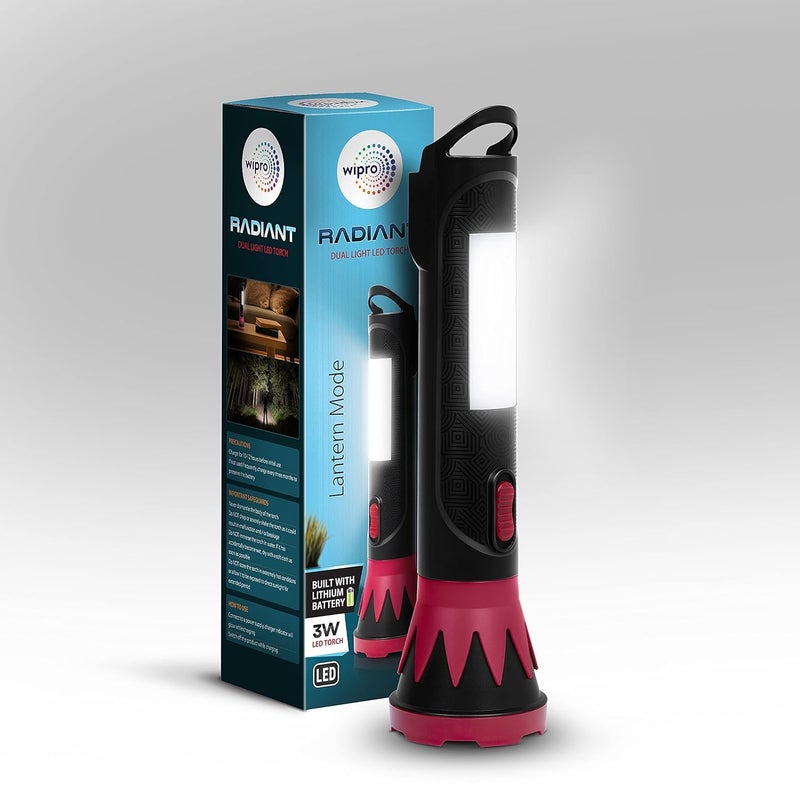 wipro Radiant Dual Light LED Torch Black Red StandardRechargeable Emergency Light ABS Plastic Dual Mode Torch and Side LightLi Ion Battery - Image 1