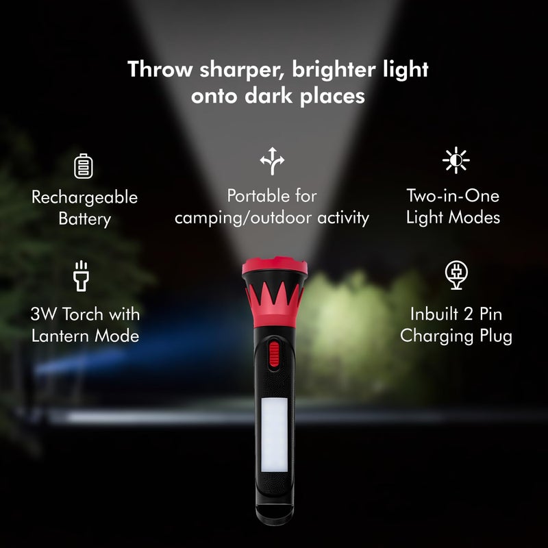 wipro Radiant Dual Light LED Torch Black Red StandardRechargeable Emergency Light ABS Plastic Dual Mode Torch and Side LightLi Ion Battery - Image 3