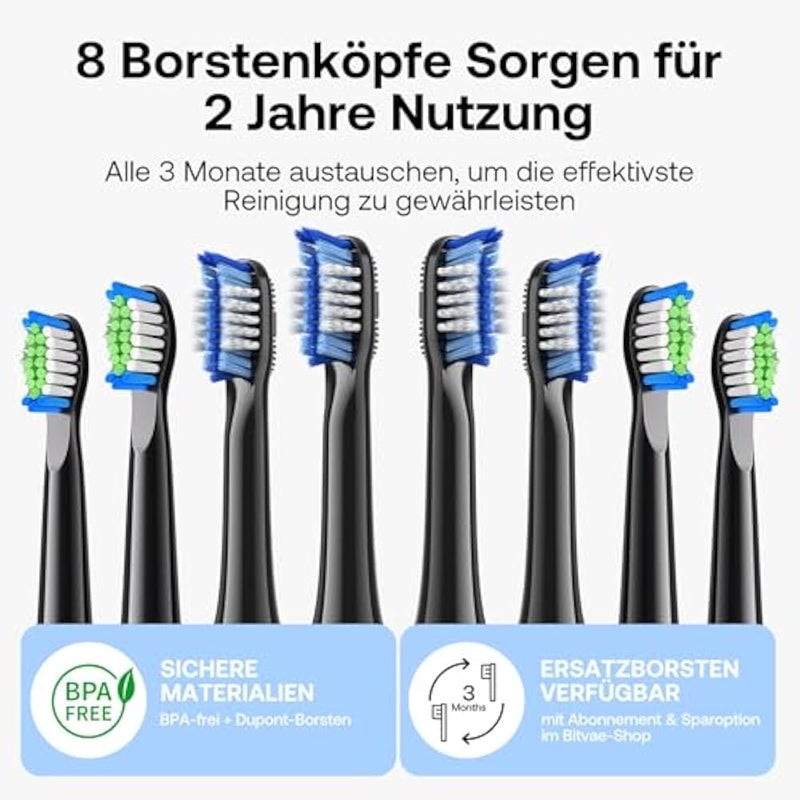 Bitvae D2 Electric Toothbrush for Adults and Kids, Rechargeable Sonic Toothbrush, Travel Ultrasonic Toothbrush, Soft Toothbrush with 8 Heads and 5 Modes (A-Black) - Image 5