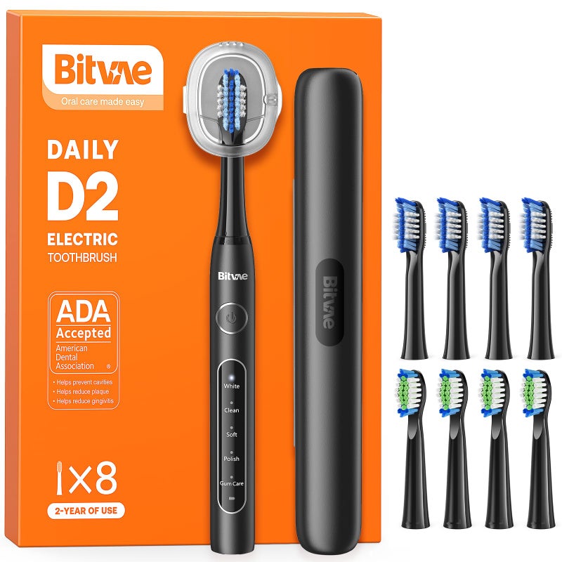 Bitvae D2 Electric Toothbrush for Adults and Kids, Rechargeable Sonic Toothbrush, Travel Ultrasonic Toothbrush, Soft Toothbrush with 8 Heads and 5 Modes (A-Black) - Image 1