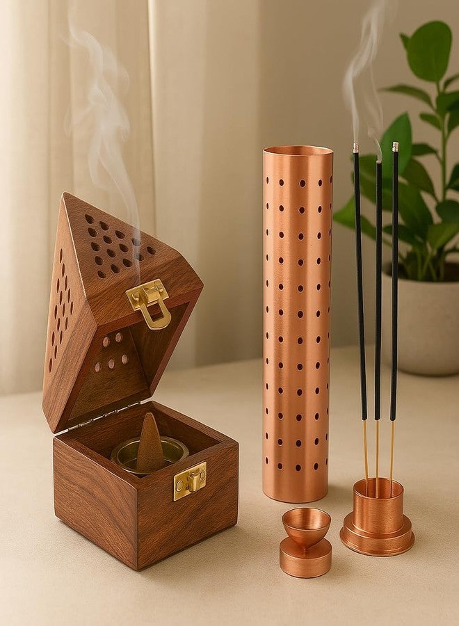 DigiRake Sheesham Wood Dhoop Stand & Stainless Steel Agarbatti Holder Copper Colour Combo - Incense Stand Combo for Pooja Room & Home Decor - Image 1