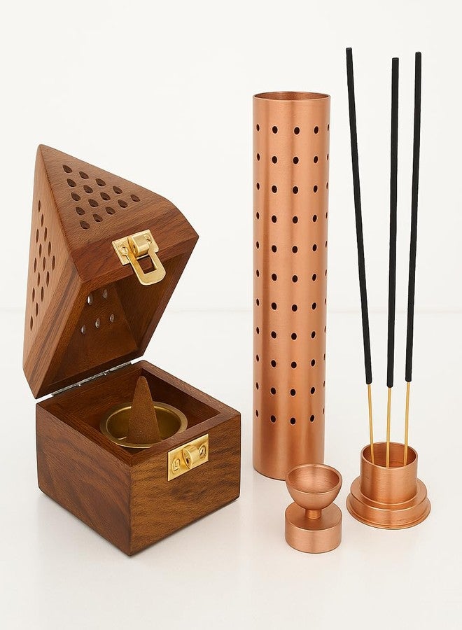 DigiRake Sheesham Wood Dhoop Stand & Stainless Steel Agarbatti Holder Copper Colour Combo - Incense Stand Combo for Pooja Room & Home Decor - Image 2