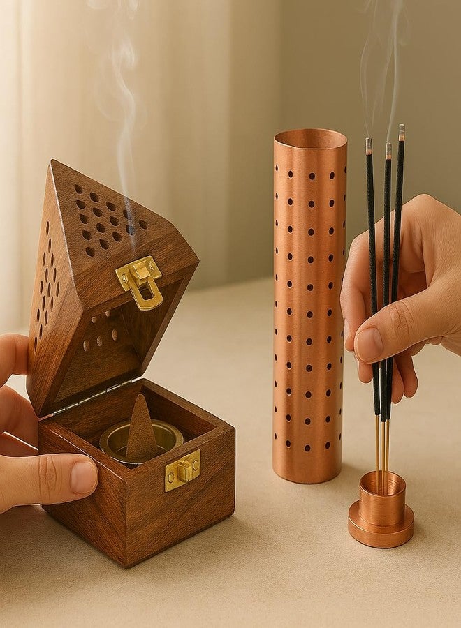 DigiRake Sheesham Wood Dhoop Stand & Stainless Steel Agarbatti Holder Copper Colour Combo - Incense Stand Combo for Pooja Room & Home Decor - Image 3