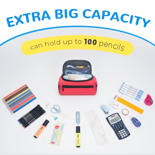 ECHSRT Jumbo Pencil Case Organizer for Men Women, Extra Large Capacity Pencil Pouch, Sturdy Portable Storage Bag for Office Travel Supplies - Red - Image 3