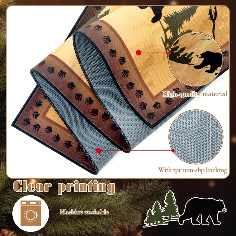 Tinideya 2'x6.6' Cabin Bear Woodland Wildlife Rug Long Area Rustic Runner Vintage Cabin Themed Rug with Bear and Cub Scene Rustic and Trees Country Barn Carpets Rugs for Hallway Porch Entrance Bedside - Image 2