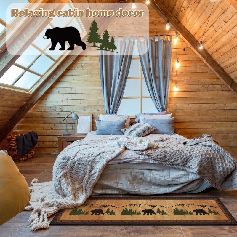 Tinideya 2'x6.6' Cabin Bear Woodland Wildlife Rug Long Area Rustic Runner Vintage Cabin Themed Rug with Bear and Cub Scene Rustic and Trees Country Barn Carpets Rugs for Hallway Porch Entrance Bedside - Image 5
